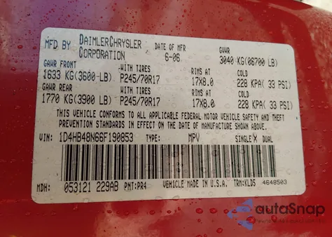 2006 Dodge Durango Slt z USA, uszkodzony, nr VIN 1D4HB48N66F190853